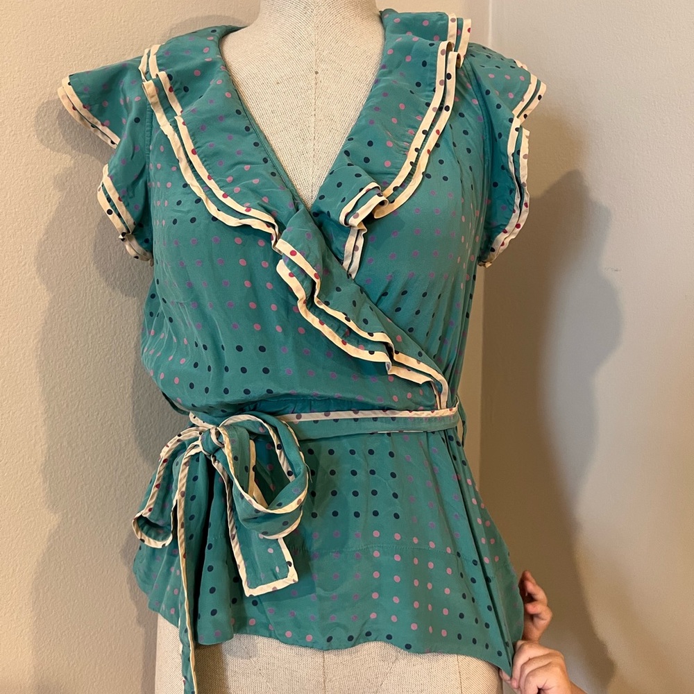 Marc by Marc Jacobs Silk Teal Polka Dot Wrap Blouse - Size 6 - Ruffle Detail